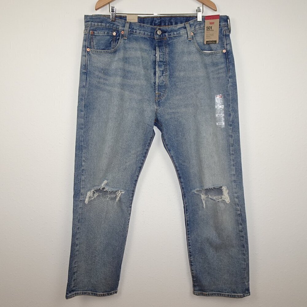 Levi's 501 Jeans Men's Size 42x30 Blue Denim Button Fly Stretch Distressed